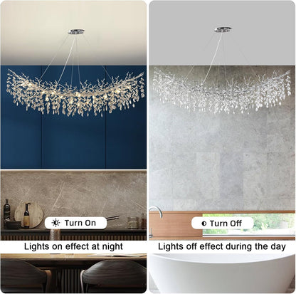 Modern Crystal Silver Chandelier,72" Large Rectangular Chandeliers for Dining Room, Tree Branch Crystal Lving Room Chandelier,Dining Room Over Table Chandelier,Fixture Height-Adjustable