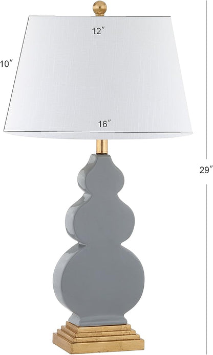 JONATHAN Y 29" Gray/Gold Ceramic Table Lamp for Bedroom Modern Bedside Lamp, White Linen Shade, Mid-Century Triple Gourd Desk Lamp for Office, LED Bulb Included (JYL3018B)