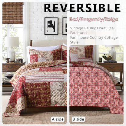 Yvooxny Quilt Set Queen Bedspread Country Farmhouse Cottage Vintage Ditsy Floral Paisley Style Reversible Lightweight Coverlet Set Real Patchwork Quilt for All Seasons, Antique Rose, Queen Size