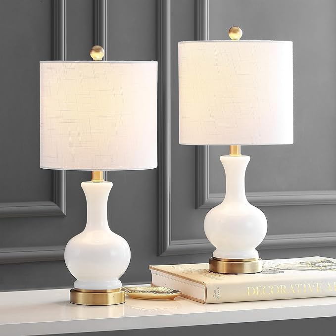 JONATHAN Y 22" White Modern Glass Table Lamp Set of 2, Brass Gold Bedside Lamp with White Linen Shade for Bedroom Living Room, LED Bulbs Included JYL4033A-SET2