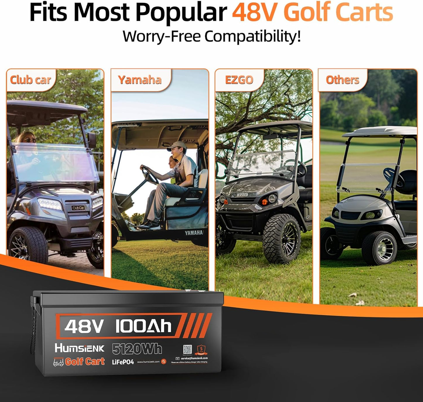 4PCS 48 Volt Lithium Battery for Golf Cart with 48V 15A Charger, 100A Lifepo4 Batterys Built-in Bluetooth 5.0 & 200A BMS, 15000+ Deep Cycle Lithium Battery, 42-58 Mile Ranges for Golf Cart