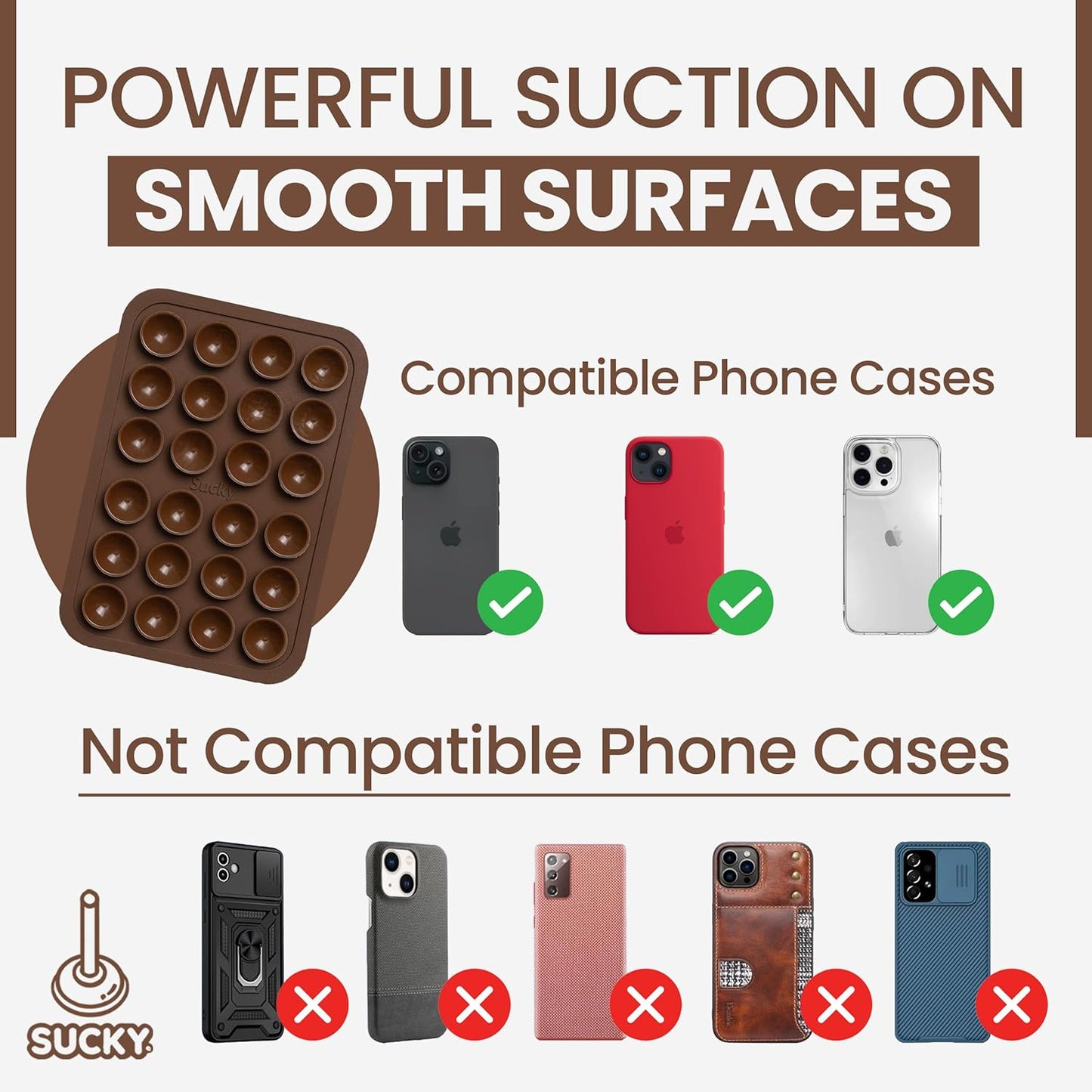 SUCKY Silicone Suction Phone Case Adhesive Mount - Anti-Slip Holder, Hands-Free Fidget Toy, Phone Accessory for iPhone and Android - Sticky Grip for Selfies, Videos, and Tiktok - Mocha Brown