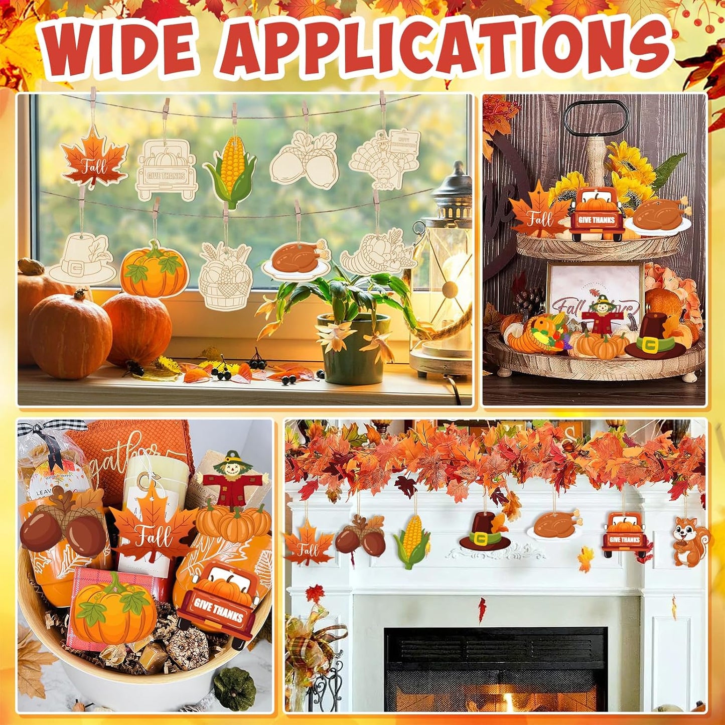 80PCS Wooden Thanksgiving Decoration Turkey Ornaments to Paint Happy Thanksgiving Cutouts Unfinished, DIY Blank Fall Unfinished Maple Leaf Corn Truck Pumpkin Ornament for Home Crafts Hanging