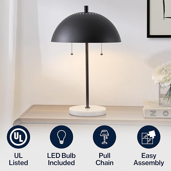 JONATHAN Y 20.75" Black/White Marble 2-Light LED Table Lamp for Modern Bedside Decor, Glam Desk Lamp, Gold Metal Dome Shade, Pull Chain Switch, Bulbs Included (JYL1071B)