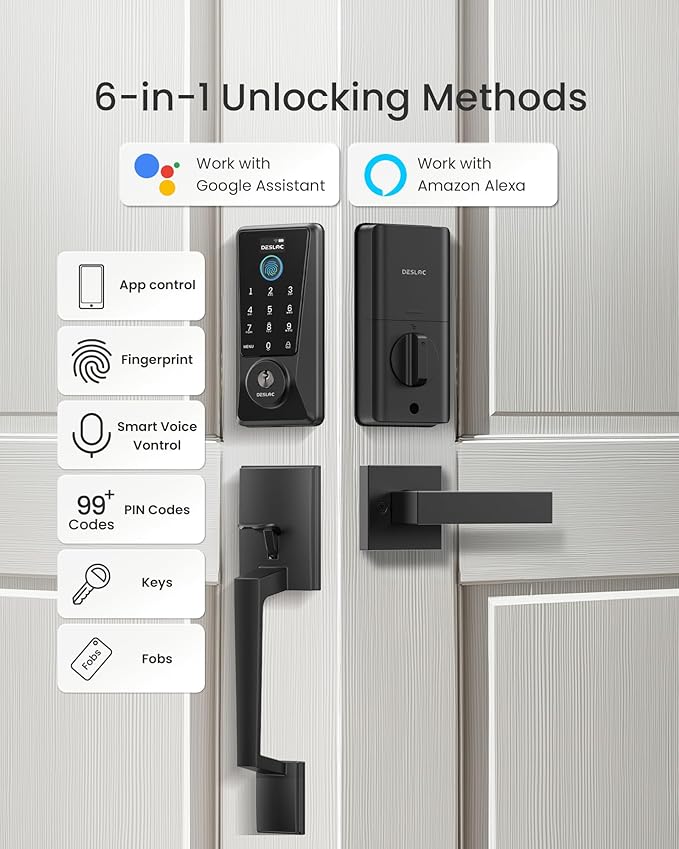 DESLOC Smart Lock D110 Plus with Handle Set, Fingerprint Keyless Entry Door Lock, Built-in Wi-Fi, App Remote Control, Smart Locks for Front Door, Keypad deadbolt with LockVue Display, IP54 (Black)