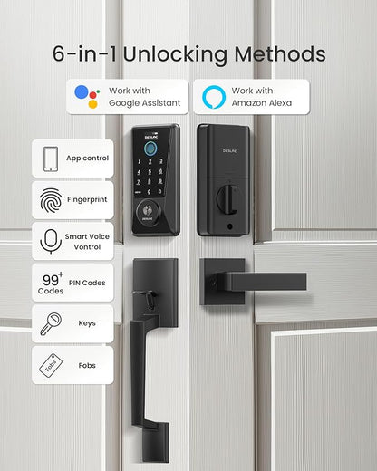 DESLOC Smart Lock D110 Plus with Handle Set, Fingerprint Keyless Entry Door Lock, Built-in Wi-Fi, App Remote Control, Smart Locks for Front Door, Keypad deadbolt with LockVue Display, IP54 (Black)