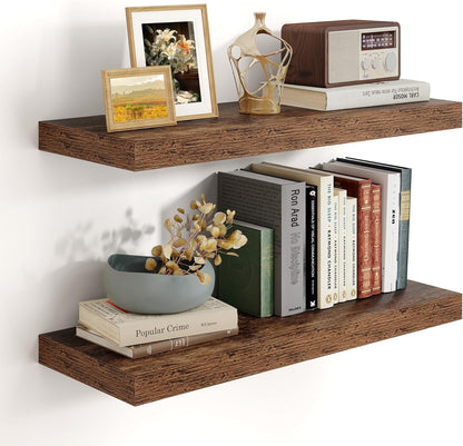Heimlove 24 inch Floating Shelves for Wall,9.3 inch deep Brown Bathroom Over Toilet Shelf,Wall Mounted Rustic Wood Shelves for,Bedroom,Living Room,Kitchen,Office Decor Set of 2-Brown