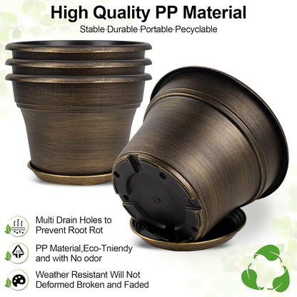 Plant Planters Pots Set of 4 Pack 10 Inch, Plastic Flower Pot for Indoor Plants with Drainage Holes & Trays, Resin Decorative Container Sets with Saucer for House Outdoor Garden Planters Dark Gold