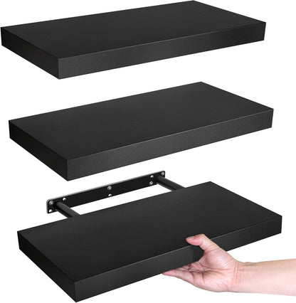 LaVie Home Floating Shelves, 15.6 Inch Wall Shelf Set of 3, Hanging Shelf with Invisible Brackets, Wall Decor for Bathroom, Bedroom, Living Room, Kitchen Storage, Classic Black