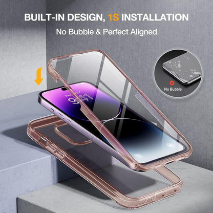 Miracase Glass Series Designed for iPhone 14 Pro Case 6.1 Inch, Upgrade Full-Body Bumper Case with Built-in 9H Tempered Glass Screen Protector, with Camera Lens Protector, Clear Pink