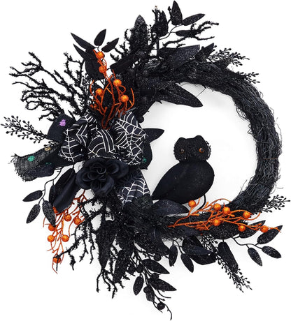20 Inch Halloween Owl Wreath for Front Door - Gothic Garland with Natural Vines & Black Roses, Outdoor Indoor Decor for Porch, Wall, Window, Party Home Decor