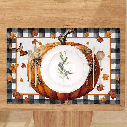 Linen Fall Placemats Set of 4 Fall Table Mats Farmhouse Pumpkin Butterfly Decor for Home Autumn Thanksgiving Home Kitchen Dining Room Table Decorations