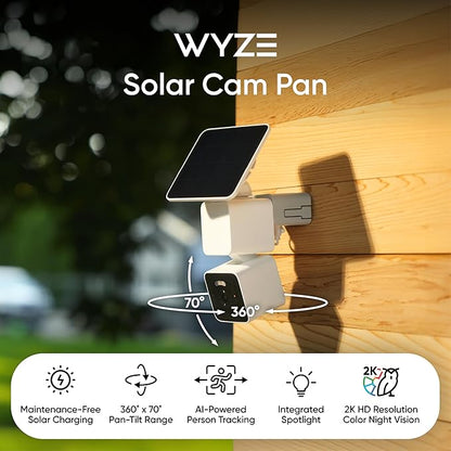 WYZE Solar Cam Pan (Flagship Model), Security Cameras Wireless Outdoor, 2K 360° Pan-Tilt Battery Powered 2.4GHz Wi-Fi Cameras for Home Security, AI Motion Detection, Color Night Vision, No Blind Spots