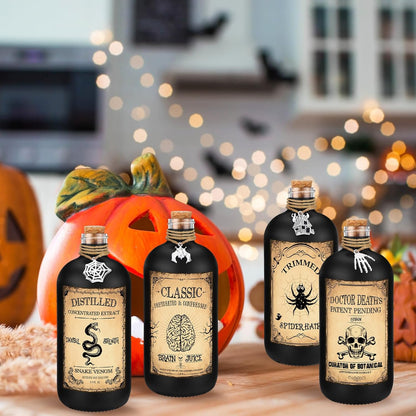 Uiifan 31 Pcs Halloween Potion Bottles Set Including Glass Apothecary Bottles with Cork Stickers and Pendants Halloween Decorations Indoor Party Supplies (Black,8.5 oz)
