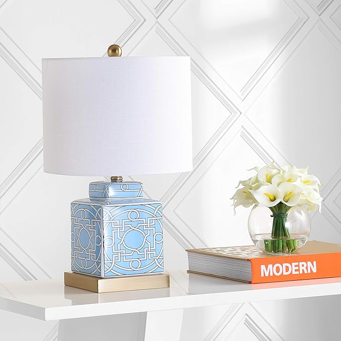 JONATHAN Y 22" Blue/White Modern Ceramic Ginger Jar Table Lamp for Nightstand, Square Lattice Transitional Chinoiserie Lamp for Living Room, White Linen Shade, LED Bulb JYL3044A