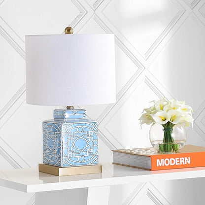 JONATHAN Y 22" Blue/White Modern Ceramic Ginger Jar Table Lamp for Nightstand, Square Lattice Transitional Chinoiserie Lamp for Living Room, White Linen Shade, LED Bulb JYL3044A