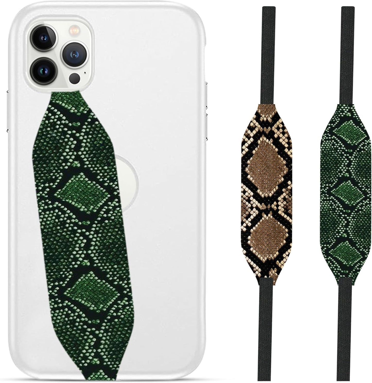 Phone Grip Strap - Pack of 2 Reversible Finger Holder for Phone Back, Customizable Anti-Slip Design, Wireless Charging Compatible Detachable Holder for iPhone - Brown & Green Snake Skin