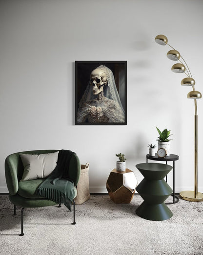 Skull Gown Poster Art Print, Halloween Scary Vintage Wall Art Academia Spooky Painting Decoration for Horror Prints, Gothic Posters Bedroom Decor 89 (Skull Gown, 16 x 20 inches, Black Frame)