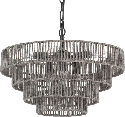 20” Hand-Woven Rattan Chandelier 6-Lights Transitional Minimalist 4 Round Boho Large Coastal Pendant Light for Kitchen Island Dining Room Living Room Hallway, Gray, UL Listed