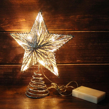 CVHOMEDECO. Silver Glittered 3D Tree Top Star with Warm White LED Lights and Timer for Christmas Tree Decoration and Holiday Seasonal Décor, 8 x 10 Inch