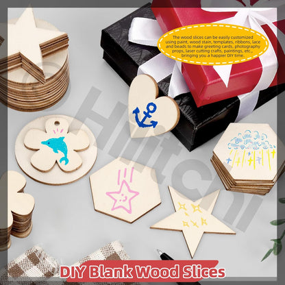 Hilitchi 200Pcs Multi Shape Unfinished Wooden Crafts DIY Wooden Cutouts Star Flower Circle Hexagon Heart Shapes Unfinished Wood Slices Ornament for DIY Crafts Home Decorations