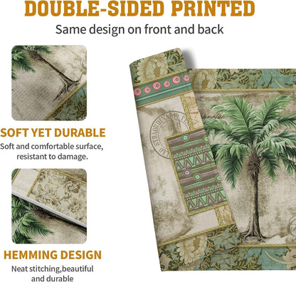 Tropical Palm Tree Placemats Set of 4 Summer Vintage Green Leaf Kitchen Table Mat 12x18 Inch Hawaii Beach Jungle Plant Tree Heat Resistant Washable Linen Place Mats for Dining Tables