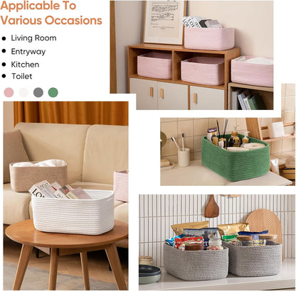 OIAHOMY 4 Pack 14.17*11.02*6.3IN Storage Baskets for Organizing Shelves, Woven Rope Baskets for Organizing Books, Clothes, Decorative Basket for Living Room, Nursery, Bedroom, Gift Basket, Green