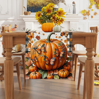 Linen Black and White Buffalo Check Plaid Fall Table Runner 48 Inches Long, Fall Leaves Pumpkin Butterfly Home Kitchen Table Decor, Farmhouse Autumn Thanksgiving Harvest Festival Decorations for Home