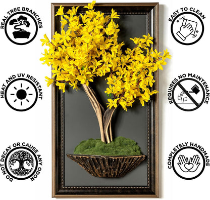 Omnia Artlife Concept Bonsai Art Life Tree Tableau - 9 - Handmade Tree Portrait, Wall Art, Wall Decor, Wallboard, Yellow/Brown/Gray