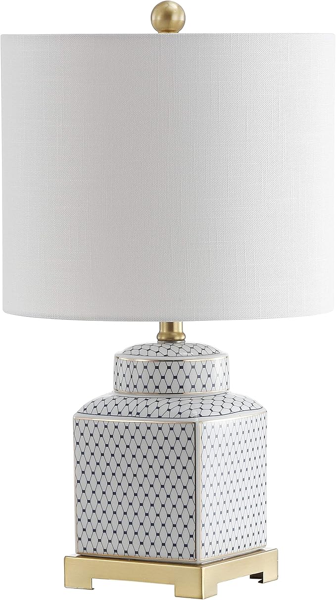 JONATHAN Y 21.5" White and Navy Blue Ceramic Ginger Jar LED Table Lamp, Modern Chinoiserie Fishnet Pattern with White Linen Shade and Brass Gold Base, LED Bulb Included JYL3043A