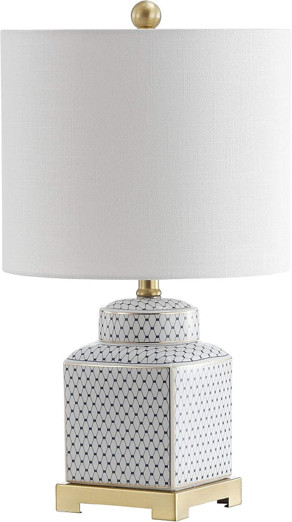 JONATHAN Y 21.5" White and Navy Blue Ceramic Ginger Jar LED Table Lamp, Modern Chinoiserie Fishnet Pattern with White Linen Shade and Brass Gold Base, LED Bulb Included JYL3043A