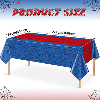 6Pcs Spider Web Themed Birthday Party Tablecloth Decorations,Blue Hero Plastic Table Cover with Red Runner Disposable Rectangle Table Cloth for Baby Shower Kids Boy Birthday Party Supplies,54x108 Inch