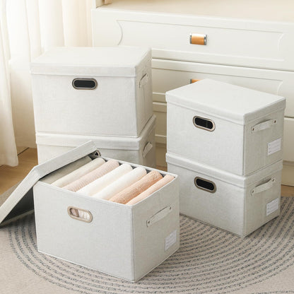 PRANDOM Large Collapsible Storage Bins with Lids [3-Pack] Fabric Foldable Storage Boxes Organizer Containers Baskets Cube with Cover for Home Bedroom Closet Office Beige(17.3x11.8x11.8)
