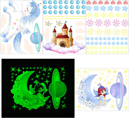 Glow in The Dark Fairy Unicorn Wall Decal Sticker, Girl Bedroom Star Rainbow Castle Princess Wallpaper Decoration, Glowing Moon Ceiling Decor