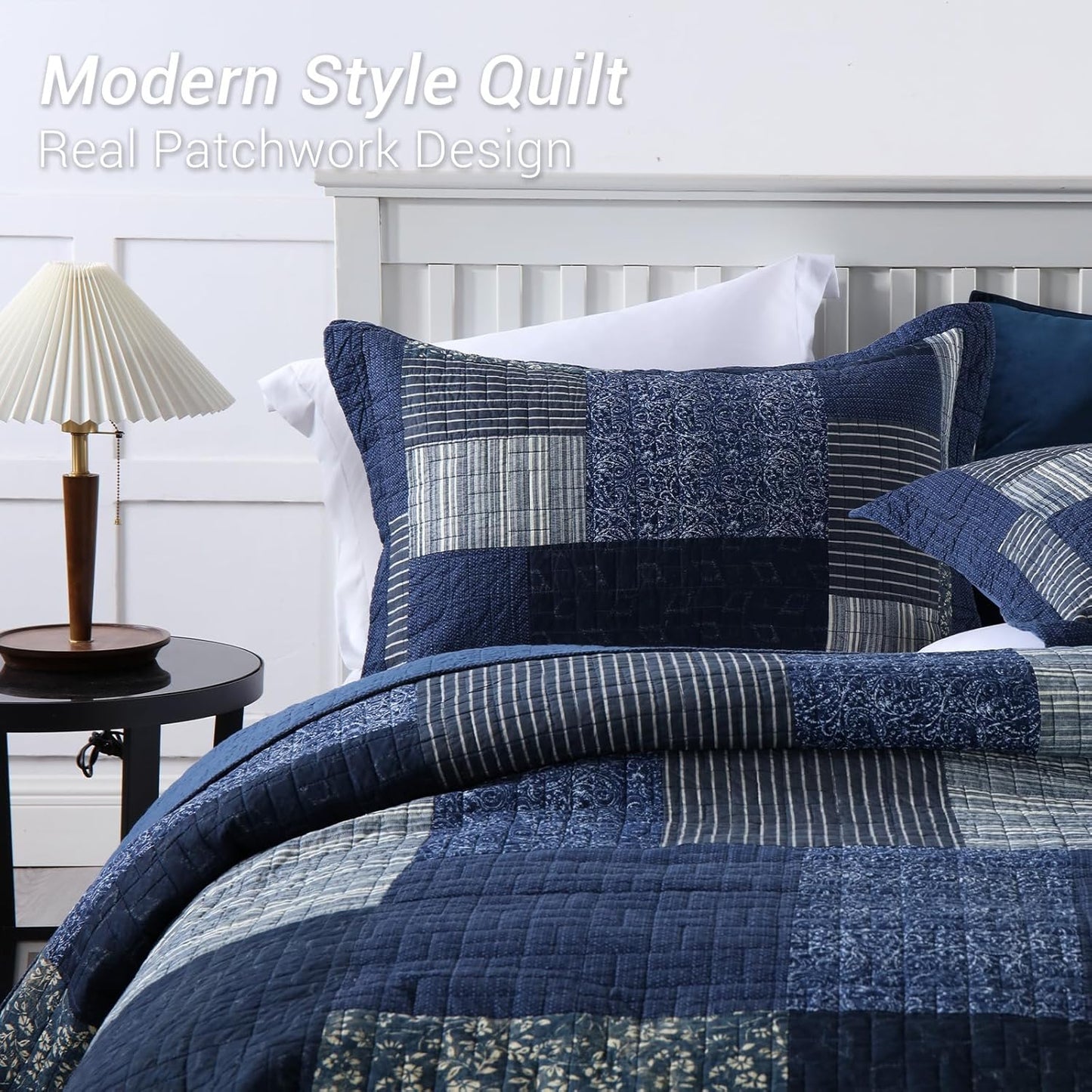 Yvooxny Quilts King Size Reversible Lightweight Bedspread 3-Piece Quilt Set Plaid Floral Patchwork 100% Cotton King Quilt Set Bedding Set with Pillow Shams for All Seasons, Azure Blue, 98x106''