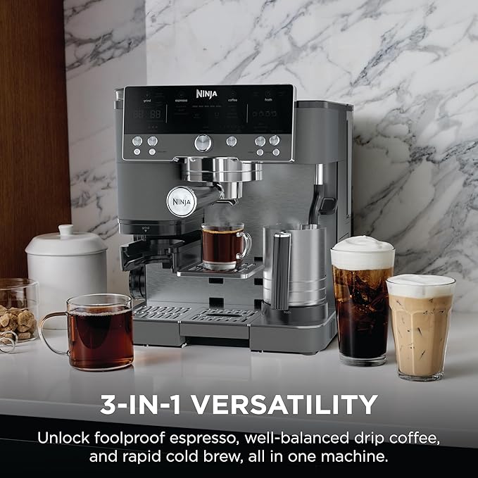 Ninja Luxe Cafe Premier Series, Espresso Machine, Drip Coffee, Rapid Cold Brew, Integrated Grinder, Hands-Free Frother, with Knock Box, Water Filter, Cleaning Tablets, Descaler, ES601GM