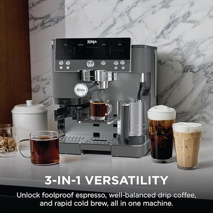 Ninja Luxe Cafe Premier Series, Espresso Machine, Drip Coffee, Rapid Cold Brew, Integrated Grinder, Hands-Free Frother, with Knock Box, Water Filter, Cleaning Tablets, Descaler, ES601GM