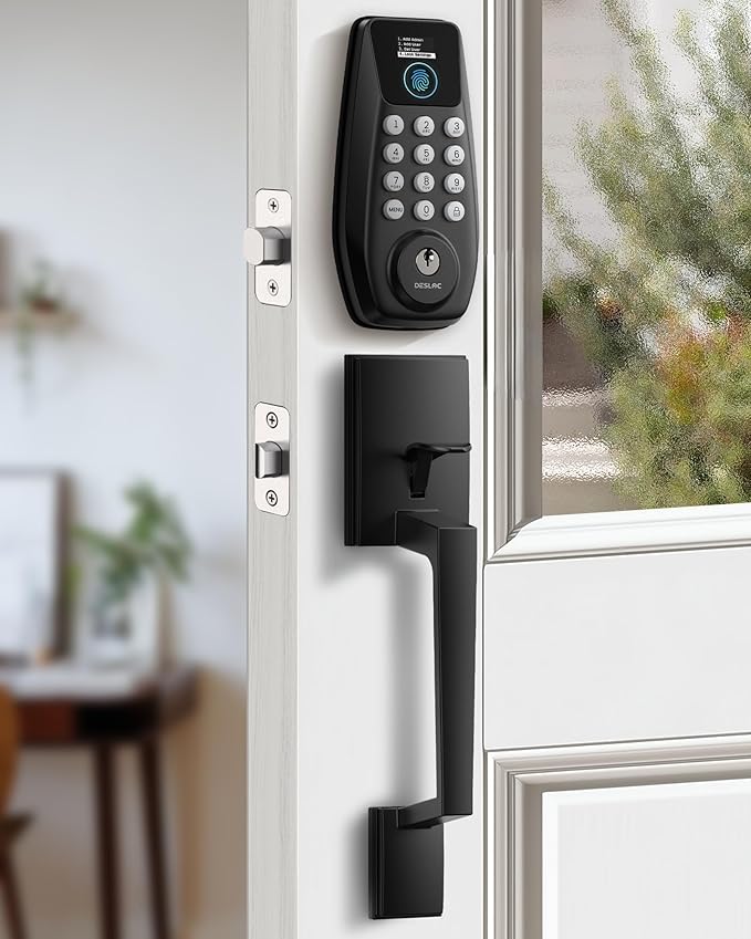 DESLOC C110 Keyless Entry Door Lock with Handle Set&Display (Smart Screen), Fingerprint Door Locks, Keypad Deadbolt, Auto-Lock, Backlit Keys, Passage Mode, IP54 Waterproof