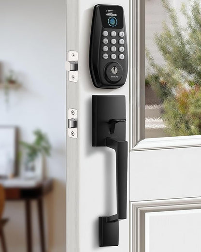 DESLOC C110 Keyless Entry Door Lock with Handle Set&Display (Smart Screen), Fingerprint Door Locks, Keypad Deadbolt, Auto-Lock, Backlit Keys, Passage Mode, IP54 Waterproof