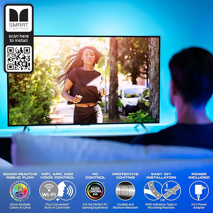Monster Smart RGB+IC LED Strip Lights – Sound Reactive Strip Lights for Bedroom, App & Voice Control, RGB Light Strip for Room, Alexa Google Home, Razer Chroma Sync (100ft)