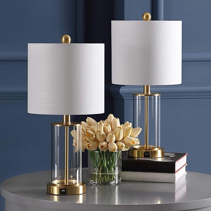 JONATHAN Y 21" Brass Gold Modern Glass Table Lamp Set of 2, Bedside Nightstand Lamps with USB Charging Port, White Linen Shade, LED Bulbs Included (JYL8500B-SET2)