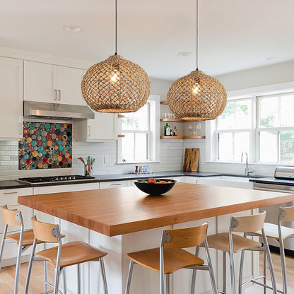 1-Pack 13.79” Rattan Pendant Light Fixture,1-Light Bohemian Handmade Woven Bamboo Wicker Suspension Farmhouse Chandelier for Kitchen Island Bedroom Living Room