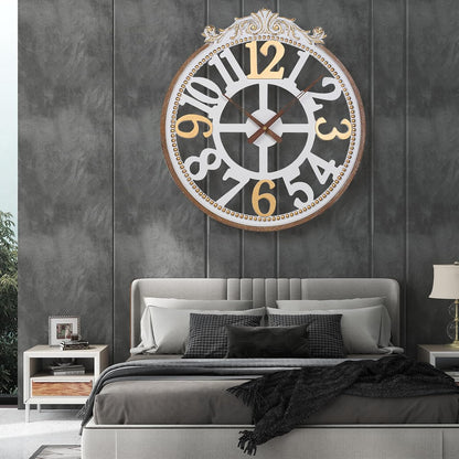 Wall Clock Farmhouse -Large 24 Inch Round Wall Clock for Living Room Decor,Rustic Wooden Big Hanging Clock with Decorative Engraved Numerals, Silent Battery Operated for Kitchen Bedroom Living Room