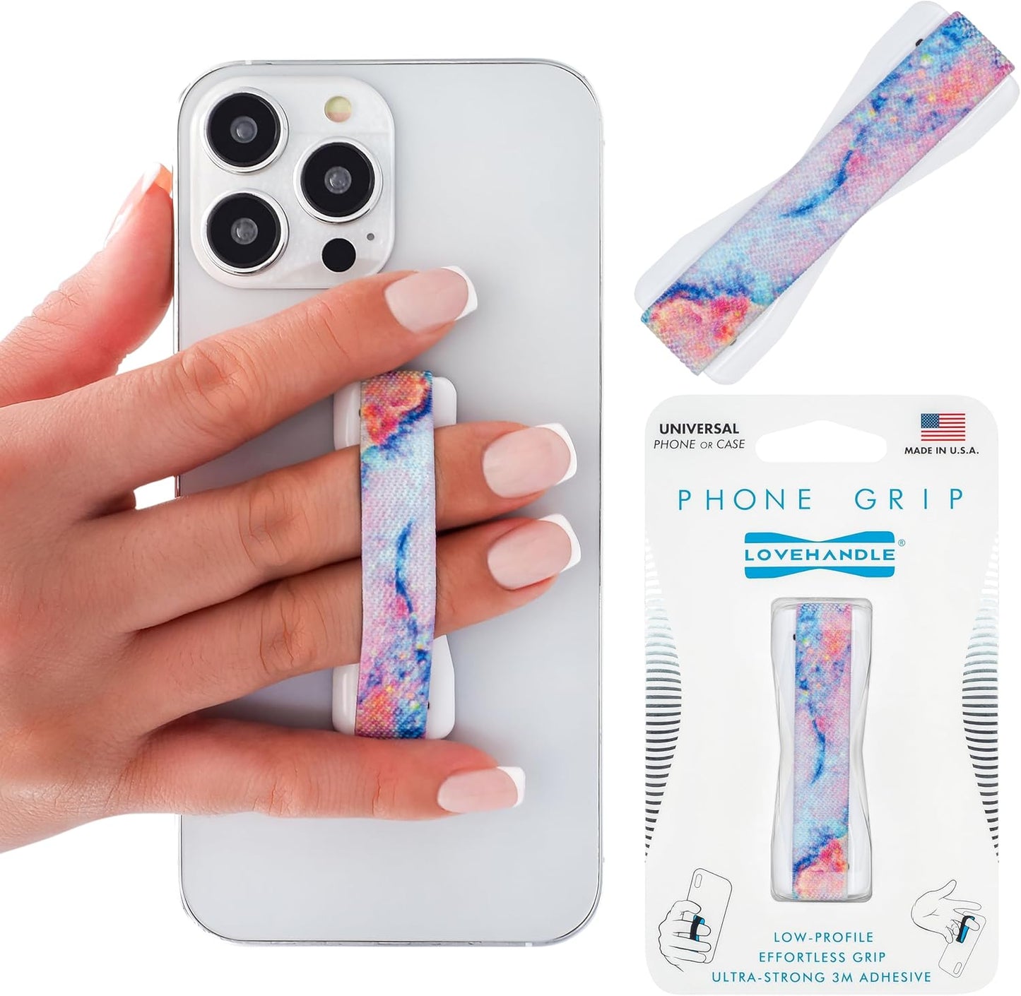 LOVEHANDLE Universal Phone Grip for Smartphones & Mini Tablets - Phone Holder for Hand - Wireless Charging Compatible - Made in The USA - Magic Marble