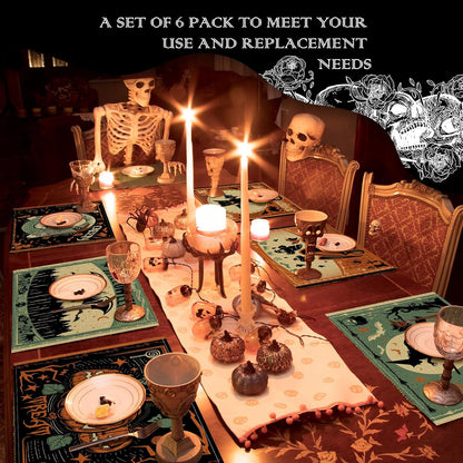 Umigy 6 Pcs Halloween Placemats 12"x18" Gothic Bat Placemats Kitchen Decoration Washable Witch Place Mats Rectangle Skull Table Mats for Halloween Dining Table Accessories(Scary)