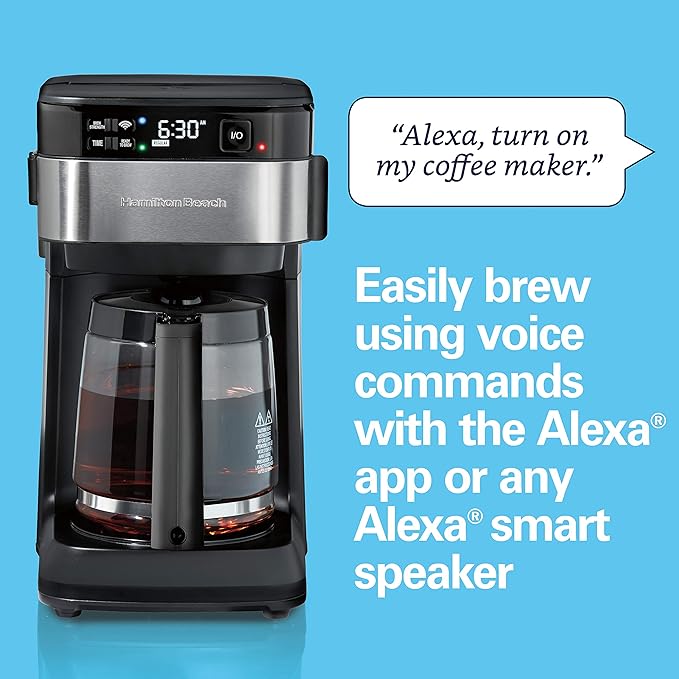 Hamilton Beach Works with Alexa Smart Coffee Maker, Programmable, 12 Cup Capacity, Black and Stainless Steel (49350R)