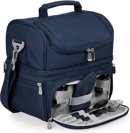 PICNIC TIME Disney Winnie the Pooh Pranzo Insulated Lunch Box, Soft Sided Lunch Bag with Picnic Set, Dual Compartment Cooler Lunch Box, (Navy Blue)