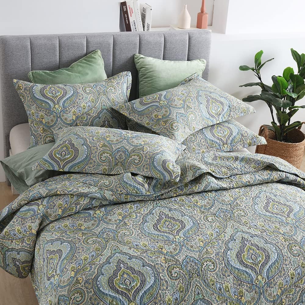 Autumn Dream Cotton Bedspread Quilt Sets, 3 Pieces Reversible Comforter Coverlet Sets, Classical Damask Paisley,King Size