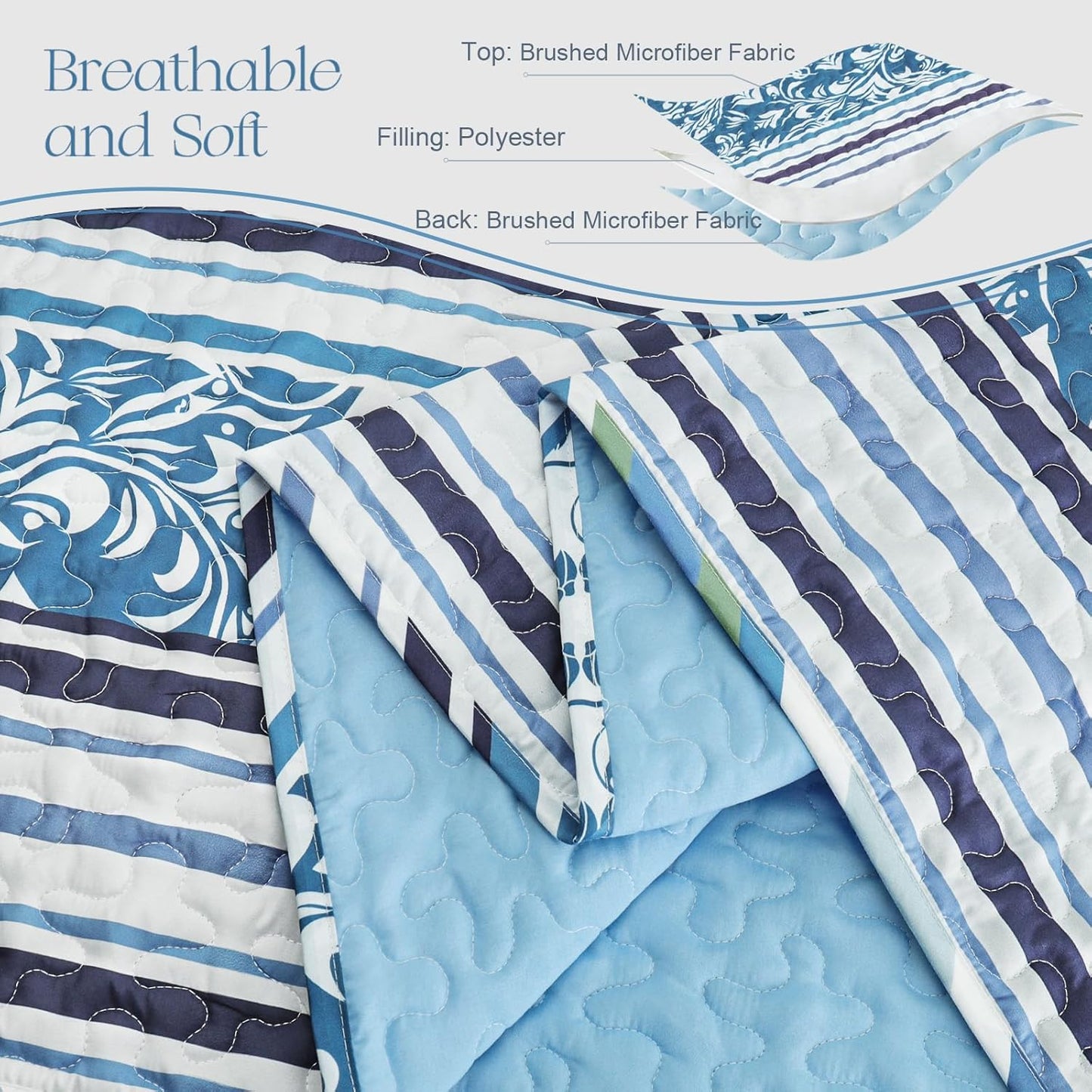 Exclusivo Mezcla Reversible Boho Quilt Set King Size, 3 Pieces Bohemian Striped Blue All Season Bedspreads, Ultra Soft Floral Coverlet Bedding Set with Printed Pattern (1 Quilt, 2 Pillow Shams)