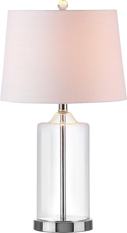 JONATHAN Y 25" Clear Glass and Chrome LED Table Lamp, Modern Coastal Bedside Lamp with White Linen Drum Shade for Living Room, Farmhouse Decor, LED Bulb Included JYL1018A